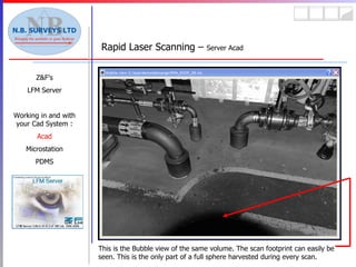 Rapid Laser Scanning –  Server Acad Z&F’s LFM Server Working in and with your Cad System : Acad Microstation PDMS This is the Bubble view of the same volume. The scan footprint can easily be seen. This is the only part of a full sphere harvested during every scan. 