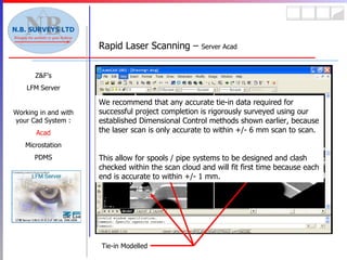 Rapid Laser Scanning –  Server Acad Z&F’s LFM Server Working in and with your Cad System : Acad Microstation PDMS Tie-in Modelled We recommend that any accurate tie-in data required for successful project completion is rigorously surveyed using our established Dimensional Control methods shown earlier, because the laser scan is only accurate to within +/- 6 mm scan to scan. This allow for spools / pipe systems to be designed and clash checked within the scan cloud and will fit first time because each end is accurate to within +/- 1 mm. 