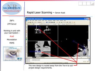Rapid Laser Scanning –  Server Acad Z&F’s LFM Server Working in and with your Cad System : Acad Microstation PDMS The new design is routed away from the Tie-in to suit project design requirements. 
