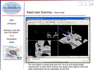 Rapid Laser Scanning –  Server Acad Z&F’s LFM Server Working in and with your Cad System : Acad Microstation PDMS The new design is routed away from the Tie-in to suit project design requirements. A clash check of these new design items against real world plant configuration can be undertaken at any time. 