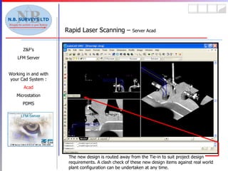 Rapid Laser Scanning –  Server Acad Z&F’s LFM Server Working in and with your Cad System : Acad Microstation PDMS The new design is routed away from the Tie-in to suit project design requirements. A clash check of these new design items against real world plant configuration can be undertaken at any time. 
