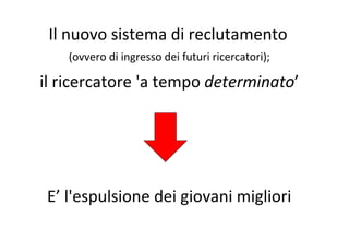 Il nuovo sistema di reclutamento   (ovvero di ingresso dei futuri ricercatori); il ricercatore 'a tempo  determinato ’ E’ l'espulsione dei giovani migliori 