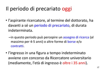 Il periodo di precariato  oggi l’aspirante ricercatore, al termine del dottorato, ha davanti a sé un  periodo di precariato , di durata indeterminata. in questo periodo può percepire un  assegno di ricerca  (al massimo per 4-5 anni) o altre forme di  borse  e/o  contratti . l’ingresso in una figura a tempo indeterminato avviene con concorso da Ricercatore universitario (mediamente, l'età di ingresso è  oltre i 35 anni ). 