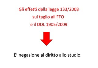 Gli effetti della legge 133/2008 sul taglio all'FFO  e il DDL 1905/2009 E’ negazione al diritto allo studio 