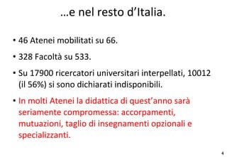 … e nel resto d’Italia. 46 Atenei mobilitati su 66.  328 Facoltà su 533. Su 17900 ricercatori universitari interpellati, 10012 (il 56%) si sono dichiarati indisponibili. In molti Atenei la didattica di quest’anno sarà seriamente compromessa: accorpamenti, mutuazioni, taglio di insegnamenti opzionali e specializzanti. 