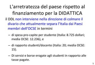 L'arretratezza del paese rispetto al finanziamento per la DIDATTICA il DDL  non interviene nella direzione di colmare il divario che attualmente separa l’Italia dai Paesi membri dell’OCSE  in termini  di spesa pro-capite per studente (Italia: 8.725 dollari; media OCSE: 12.236), e  di rapporto studenti/docente (Italia: 20; media OCSE: 15). Di servizi e borse erogate agli studenti in rapporto alle tasse pagate. 