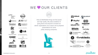 WE OUR CLIENTS
ݺߣRabbit Introduction 5
Here at ݺߣRabbit things are fast paced
and high quality. We pride ourselves on
going above and beyond to exceed our
clients’ expectations. As a result, we’ve prepared
presentations for some
pretty amazing companies.
 