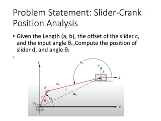 Problem Statement: ݺߣr-Crank
Position Analysis
• Given the Length (a, b), the offset of the slider c,
and the input angle θ2 ,Compute the position of
slider d, and angle θ3
•
 