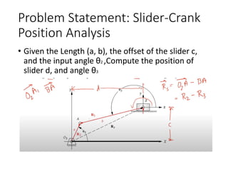 Problem Statement: ݺߣr-Crank
Position Analysis
• Given the Length (a, b), the offset of the slider c,
and the input angle θ2 ,Compute the position of
slider d, and angle θ3
 