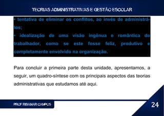 TEORIAS ADMINISTRATIVAS E GESTÃO ESCOLAR

• tentativa de eliminar os conflitos, ao invés de administrá-
los;
• idealização de uma visão ingênua e romântica do
trabalhador,    como   se   este   fosse   feliz,   produtivo   e
completamente envolvido na organização.


Para concluir a primeira parte desta unidade, apresentamos, a
seguir, um quadro-síntese com os principais aspectos das teorias
administrativas que estudamos até aqui.



PROF RIBAMAR CAMPOS                                                 24
 
