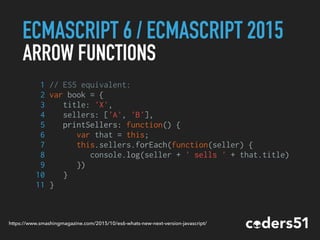 ECMASCRIPT 6 / ECMASCRIPT 2015
ARROW FUNCTIONS
https://www.smashingmagazine.com/2015/10/es6-whats-new-next-version-javascript/
1 // ES5 equivalent:
2 var book = {
3 title: 'X',
4 sellers: ['A', 'B'],
5 printSellers: function() {
6 var that = this;
7 this.sellers.forEach(function(seller) {
8 console.log(seller + ' sells ' + that.title)
9 })
10 }
11 }
 
