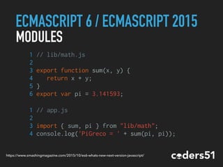 ECMASCRIPT 6 / ECMASCRIPT 2015
MODULES
1 // lib/math.js
2
3 export function sum(x, y) {
4 return x + y;
5 }
6 export var pi = 3.141593;
1 // app.js
2
3 import { sum, pi } from "lib/math";
4 console.log('PiGreco = ' + sum(pi, pi));
https://www.smashingmagazine.com/2015/10/es6-whats-new-next-version-javascript/
 