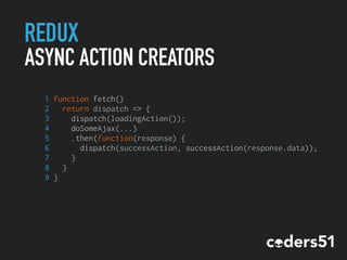 REDUX
ASYNC ACTION CREATORS
1 function fetch()
2 return dispatch => {
3 dispatch(loadingAction());
4 doSomeAjax(...)
5 .then(function(response) {
6 dispatch(successAction, successAction(response.data));
7 }
8 }
9 }
 