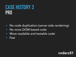 CASE HISTORY 3
PRO
‣ No code duplication (server side rendering)
‣ No more DOM based code
‣ More readable and testable code
‣ Fast
 