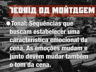 TEoria da nomtagEn
•Tonal: Sequências que
buscam estabelecer uma
característica emocional da
cena. As emoções mudam e
junto devem mudar também
o tom da cena.
 