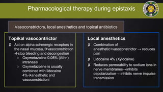 Pharmacological therapy during epistaxis
Topikal vasocontrictor
✘ Act on alpha-adrenergic receptors in
the nasal mucosa,vasoconstriction
stop bleeding and decongestion
○ Oxymetazoline 0.05% (Afrin)
intranasal
○ Oxymetazoline is usually
combined with lidocaine
4%anesthetic and
vasoconstrictioni
Local anesthetics
✘ Combination of
anesthetic+vasoconstrictor → reduces
pain
✘ Lidocaine 4% (Xylocaine)
✘ Reduces permeability to sodium ions in
nerve membranes→inhibits
depolarization→ inhibits nerve impulse
transmission
Vasoconstrictors, local anesthetics and topical antibiotics
 