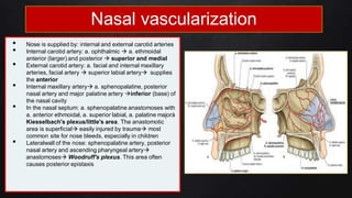 Nasal vascularization
• Nose is supplied by: internal and external carotid arteries
• Internal carotid artery: a. ophthalmic  a. ethmoidal
anterior (larger) and posterior  superior and medial
• External carotid artery: a. facial and internal maxillary
arteries, facial artery  superior labial artery supplies
the anterior
• Internal maxillary artery a. sphenopalatine, posterior
nasal artery and major palatine artery inferior (base) of
the nasal cavity
• In the nasal septum: a. sphenopalatine anastomoses with
a. anterior ethmoidal, a. superior labial, a. palatine majorà
Kiesselbach's plexus/little's area. The anastomotic
area is superficial easily injured by trauma most
common site for nose bleeds, especially in children
• Lateralwall of the nose: sphenopalatine artery, posterior
nasal artery and ascending pharyngeal artery
anastomoses Woodruff's plexus. This area often
causes posterior epistaxis
 