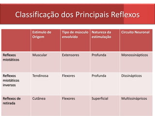 Classificação dos Principais Reflexos
Estímulo de
Origem
Tipo de músculo
envolvido
Natureza da
estimulação
Circuito Neuronal
Reflexos
miotáticos
Muscular Extensores Profunda Monossinápticos
Reflexos
miotáticos
inversos
Tendinosa Flexores Profunda Dissinápticos
Reflexos de
retirada
Cutânea Flexores Superficial Multissinápricos
 