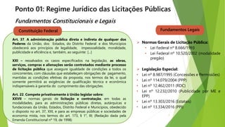 Ponto 01: Regime Jurídico das Licitações Públicas
Fundamentos Constitucionais e Legais
Art. 37. A administração pública direta e indireta de qualquer dos
Poderes da União, dos Estados, do Distrito Federal e dos Municípios
obedecerá aos princípios de legalidade, impessoalidade, moralidade,
publicidade e eficiência e, também, ao seguinte: [...]
XXI – ressalvados os casos especificados na legislação, as obras,
serviços, compras e alienações serão contratados mediante processo
de licitação pública que assegure igualdade de condições a todos os
concorrentes, com cláusulas que estabeleçam obrigações de pagamento,
mantidas as condições efetivas da proposta, nos termos da lei, o qual
somente permitirá as exigências de qualificação técnica e econômica
indispensáveis à garantia do cumprimento das obrigações.
Art. 22. Compete privativamente à União legislar sobre:
XXVII – normas gerais de licitação e contratação, em todas as
modalidades, para as administrações públicas diretas, autárquicas e
fundacionais da União, Estados, Distrito Federal e Municípios, obedecido
o disposto no art. 37, XXI, e para as empresas públicas e sociedades de
economia mista, nos termos do art. 173, § 1°, III; (Redação dada pela
Emenda Constitucional nº 19, de 1998)
Constituição Federal Fundamentos Legais
➢ Normas Gerais de Licitação Pública:
• Lei Federal nº 8.666/1993
• Lei Federal nº 10.520/2002 (modalidade
pregão)
➢ Legislação Especial:
• Lei nº 8.987/1995 (Concessões e Permissões)
• Lei nº 114.079/2004 (PPP)
• Lei nº 12.462/2011 (RDC)
• Lei nº 12.232/2010 (Publicidade por ME e
EPP)
• Lei nº 13.303/2016 (Estatais)
• Lei nº 13.334/2016 (PPI)
7
 