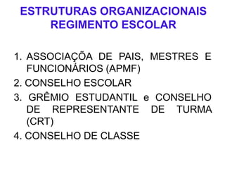 ESTRUTURAS ORGANIZACIONAIS
REGIMENTO ESCOLAR
1. ASSOCIAÇÕA DE PAIS, MESTRES E
FUNCIONÁRIOS (APMF)
2. CONSELHO ESCOLAR
3. GRÊMIO ESTUDANTIL e CONSELHO
DE REPRESENTANTE DE TURMA
(CRT)
4. CONSELHO DE CLASSE