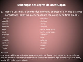 Mudanças nas regras de acentuação 
1. Não se usa mais o acento dos ditongos abertos éi e ói das palavras 
paroxítonas (palavras que têm acento tônico na penúltima sílaba). 
Como era Como fica 
alcalóide alcaloide 
alcatéia alcateia 
andróide androide 
apóia (verbo apoiar)apoia 
apóio (verbo apoiar)apoio 
asteróide asteroide 
bóia boia 
celulóide celuloide 
clarabóia claraboia 
colméia colmeia 
Coréia Coreia 
Atenção: 
essa regra é válida somente para palavras paroxítonas. Assim, continuam a ser acentuadas as 
palavras oxítonas e os monossílabos tônicos terminados em éis e ói(s). Exemplos: papéis, herói, 
heróis, dói (verbo doer), sóis etc. 
 