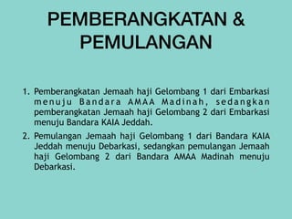 PEMBERANGKATAN &
PEMULANGAN
1. Pemberangkatan Jemaah haji Gelombang 1 dari Embarkasi
m e n u j u B a n d a r a A M A A M a d i n a h , s e d a n g k a n
pemberangkatan Jemaah haji Gelombang 2 dari Embarkasi
menuju Bandara KAIA Jeddah.


2. Pemulangan Jemaah haji Gelombang 1 dari Bandara KAIA
Jeddah menuju Debarkasi, sedangkan pemulangan Jemaah
haji Gelombang 2 dari Bandara AMAA Madinah menuju
Debarkasi.
 
