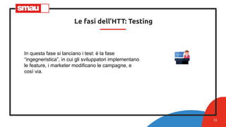 Le fasi dell’HTT: Testing
16
In questa fase si lanciano i test: è la fase
“ingegneristica”, in cui gli sviluppatori implem...