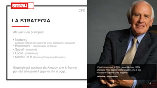 14
“Il successo è per il 20% capacità e per l'80%
strategia. Puoi sapere come leggere, ma è più
importante sapere cosa leggere!”
JIM ROHN – Imprenditore
LA STRATEGIA
Alcune tra le principali:
• Nurturing
(coltivare i clienti per essere la prima scelta per i riacquisti)
• Recensioni - (acceleratore di fiducia)
• Social - (Brandind)
• Local - (GMB+MAP)
• Matrice RFM (Recency/Frequency/Monetary)
Strategie già adottate da Amazon che lo hanno
portato ad essere il gigante che è oggi.
CFO
 