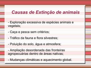 Causas de Extinção de animais
- Exploração excessiva de espécies animais e
vegetais;
- Caça e pesca sem critérios;
- Tráfi...