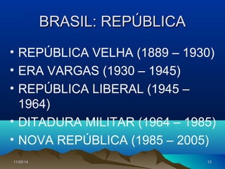 11/05/1411/05/14 1313
BRASIL: REPÚBLICABRASIL: REPÚBLICA
• REPÚBLICA VELHA (1889 – 1930)
• ERA VARGAS (1930 – 1945)
• REPÚBLICA LIBERAL (1945 –
1964)
• DITADURA MILITAR (1964 – 1985)
• NOVA REPÚBLICA (1985 – 2005)
 