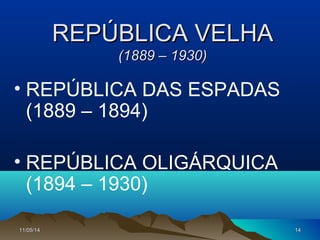 11/05/1411/05/14 1414
REPÚBLICA VELHAREPÚBLICA VELHA
(1889 – 1930)(1889 – 1930)
• REPÚBLICA DAS ESPADAS
(1889 – 1894)
• REPÚBLICA OLIGÁRQUICA
(1894 – 1930)
 