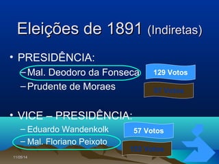 11/05/1411/05/14 2424
Eleições de 1891Eleições de 1891 (Indiretas)(Indiretas)
• PRESIDÊNCIA:
–Mal. Deodoro da Fonseca
–Prudente de Moraes
• VICE – PRESIDÊNCIA:
– Eduardo Wandenkolk
– Mal. Floriano Peixoto
129 Votos
57 Votos
97 Votos
153 Votos
 