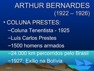 11/05/1411/05/14 9494
ARTHUR BERNARDESARTHUR BERNARDES
(1922 – 1926)(1922 – 1926)
• COLUNA PRESTES:COLUNA PRESTES:
–Coluna Tenentista - 1925
–Luís Carlos Prestes
–1500 homens armados
–24.000 km percorridos pelo Brasil
–1927: Exílio na Bolívia
 