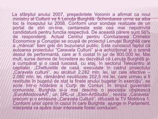 La sfârşitul anului 2007, preşedintele Voronin a afirmat ca noul
ministru al Culturii va fi Lenuţa Burghilă. Schimbarea urma sa aiba
loc la începutul lui 2008. Conform unor sondaje realizate de un
portal de stiri on-line, cantareata este cea mai nepotrivită
candidatură pentru functia respectivă. De această părere sunt 56%
de respondenţi. Actual Centrul pentru Combaterea Crimelor
Economice şi Corupţiei se ocupă de proiectul Lenuţei Burghilă care
a „mâncat” bani grei din buzunarul public. Este cunoscut faptul că
autoarea proiectului ”Caravela Culturii” şi-a achiziţionat şi o scenă
destul de performantă, care ar fi costat în jur de 800.000 lei. Mai
mult, surse demne de încredere au dezvăluit că Lenuţa Burghilă şi-
a cumpărat şi o casă luxoasă, cu etaj, în sectorul Telecentru al
capitalei. „Cheltuielile de casă, executate în cadrul proiectului
„Caravela culturii”, au alcătuit 2,282 mln. lei, iar cele efective –
2,080 mln. lei, rămânând neutilizate 202,5 mii lei, care urmau a fi
restituite în bugetul de stat la finele anului bugetar în exerciţiu”, se
scrie într-o hotărâre a Curţii de Conturi. In timpul guvernării
comuniste, Burghila si-a mai deschis o asociaţia obştească
„EuroMoldovaArt”, un SRL-ul „Elen-ArtStudio”, revista „Caravela”
precum şi o emisiune „Caravela Culturii”, difuzată la TV Moldova 1.
Conform unor opinii în cazul în care Burghila ajunge in Parlament,
interpreta va apăra doar interesele fostei conduceri.
 