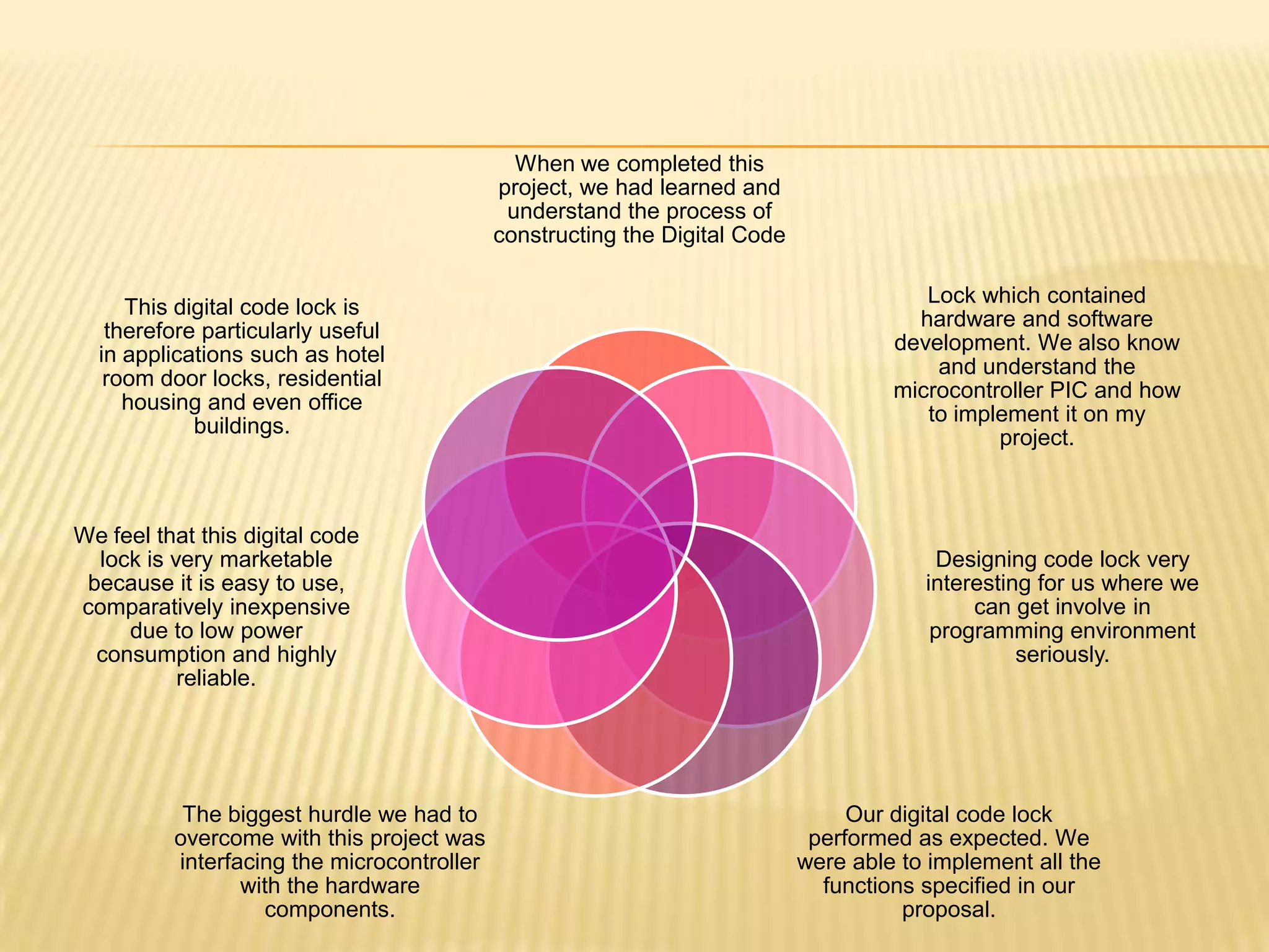 When we completed this
                                            project, we had learned and
                                             understand the process of
                                            constructing the Digital Code

                                                                                        Lock which contained
     This digital code lock is
                                                                                       hardware and software
   therefore particularly useful
                                                                                     development. We also know
  in applications such as hotel
                                                                                         and understand the
   room door locks, residential
                                                                                     microcontroller PIC and how
     housing and even office
                                                                                        to implement it on my
            buildings.
                                                                                               project.



We feel that this digital code
  lock is very marketable                                                                Designing code lock very
 because it is easy to use,                                                             interesting for us where we
comparatively inexpensive                                                                    can get involve in
     due to low power                                                                    programming environment
  consumption and highly                                                                          seriously.
           reliable.




           The biggest hurdle we had to                                          Our digital code lock
          overcome with this project was                                     performed as expected. We
          interfacing the microcontroller                                   were able to implement all the
                 with the hardware                                            functions specified in our
                    components.                                                       proposal.
 