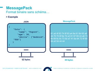 OCTO TECHNOLOGY > THERE IS A BETTER WAY
MessagePack
Format binaire sans schéma…
[
“Octo”: {
“name”: “Dupont”,
“age”: 36,
“skills”: [“Android”,
“TDD”]
}
]
JSON MessagePack
81 a4 4f 63 74 6f 83 a4 6e 61 6d 65 a6
44 75 70 6f 6e 74 a3 61 67 65 24 a6 73
6b 69 6c 6c 73 92 a7 41 6e 64 72 6f 69
64 a3 54 44 44
62 bytes 44 bytes
> Exemple
 