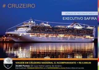 BÔNUS DE RECONHECIMENTO
# CRUZEIRO
VIAGEM EM CRUZEIRO NACIONAL C/ ACOMPANHANTE + R$ 5.000,00
*Imagens meramente ilustrativas.
EXECUTIVO SAFIRA
23
30.000 Pontos em sua menor perna do binário.
Estar Qualiﬁcado: com Diretos e Ativos em sua rede.FRANQUIA EXECUTIVO 2 SUPERVISORES ou Acima
 