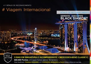 BÔNUS DE RECONHECIMENTO
BLACK DIAMONT
# Viagem Internacional
GERENTE - EXECUTIVO
*Imagens meramente ilustrativas.
600.000 Pontos em sua menor perna do binário.
Estar Qualiﬁcado: com Diretos e Ativos em sua rede.FRANQUIA MANAGER 4 GERENTES (MANAGER) ou Acima
5 DIAS EM SINGAPURA C/ ACOMPANHANTE + MERCEDES-BENZ CLASSE C
# 7 BÔNUS DE RECONHECIMENTO
28
 
