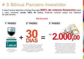 :: SUPERVISOR ::
R$
30DIAS
*
+ =
# SIMULAÇÃO
Bônus Parceiro Investidor
1.000,00
10 PL
R$ 6,50 Cada
= R$ 65,00/dia
2.000,00...