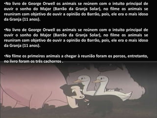 •No livro de George Orwell os animais se reúnem com o intuito principal de
ouvir o sonho do Major (Barrão da Granja Solar), no filme os animais se
reuniram com objetivo de ouvir a opinião do Barrão, pois, ele era o mais idoso
da Granja (11 anos).

•No livro de George Orwell os animais se reúnem com o intuito principal de
ouvir o sonho do Major (Barrão da Granja Solar), no filme os animais se
reuniram com objetivo de ouvir a opinião do Barrão, pois, ele era o mais idoso
da Granja (11 anos).

•No filme os primeiros animais a chegar à reunião foram os porcos, entretanto,
no livro foram os três cachorros .
 