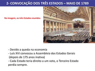 2- CONVOCAÇÃO DOS TRÊS ESTADOS – MAIO DE 1789
- Devido a queda na economia
- Luís XVI convocou a Assembleia dos Estados Gerais
(depois de 175 anos inativa)
- Cada Estado teria direito a um voto, o Terceiro Estado
perdia sempre.
Na imagem, os três Estados reunidos
 