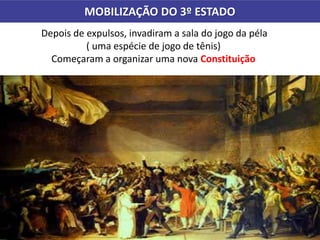 MOBILIZAÇÃO DO 3º ESTADO
Depois de expulsos, invadiram a sala do jogo da péla
( uma espécie de jogo de tênis)
Começaram a organizar uma nova Constituição
 