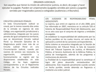 ORGANOS JUDICIALES
Son aquellos que tienen la misión de administrar justicia, es decir, de juzgar y hacer
ejecutar lo juzgado. Pueden ser unipersonales (juzgados servidos por jueces y juzgados
servidos por magistrados-jueces) o colegiados (audiencias y tribunales).
CIRCUITOS JUDICIALES PENALES
En toda Circunscripción Judicial se
creará, por lo menos noventa días antes
de la entrada en vigencia de este
Código, una organización jurisdiccional y
administrativa, integrada por los jueces
penales de igual competencia territorial,
que se denominará Circuito Judicial
Penal. La Dirección Ejecutiva de la
Magistratura podrá crear más de un
Circuito Judicial Penal en una
Circunscripción Judicial, cuando por
razones de servicio sea necesario. Su
organización, composición y
funcionamiento se regirán por las
disposiciones establecidas en este
Código, en las leyes orgánicas
correspondientes y en el Reglamento
Interno de los Circuitos Judiciales
Penales.
LOS JUZGADOS DE RESPONSABILIDAD PENAL
ADOLESCENTE.
La Lopnna, que entró en vigencia en el año 2000, pero
fue reformada en 2007, menciona en su artículo 526 el
Sistema de Responsabilidad Penal del Adolescente, que
no es otra cosa que el conjunto de órganos y entidades
encargadas
de establecer la responsabilidad del adolescente por los
hechos punibles en los cuales incurra, así como de la
aplicación y control de las sanciones correspondientes.
Dicho sistema se encuentra integrado por la Sección de
Adolescentes del Tribunal Penal, la Sala de Casación
Penal del Tribunal Supremo de Justicia, el Ministerio
Público, el Servicio Autónomo de la Defensa Pública, la
policía de investigación, además de los programas e
instituciones de atención.
La finalidad de la responsabilidad penal la constituye el
logro del pleno desarrollo socioeducativo del
adolescente. Éste responde penalmente cuando comete
un hecho punible; siendo detenido en flagrancia o
mediante una orden judicial.
 