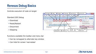 © 2016 Renesas Electronics Corporation. All rights reserved.
Renesas Debug Basics
Controls execution of code on target
Standard IDE Debug
 Download
 Reset/Restart
 Disconnect
 Stepping
Functions available the toolbar and menu bar
 Can be remapped to alternate key strokes
 Can hide for screen ‘real estate’
Page 13
 