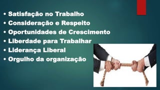 • Satisfação no Trabalho
• Consideração e Respeito
• Oportunidades de Crescimento
• Liberdade para Trabalhar
• Liderança Liberal
• Orgulho da organização
 