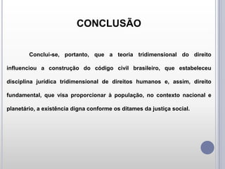 CONCLUSÃO
Conclui-se, portanto, que a teoria tridimensional do direito
influenciou a construção do código civil brasileiro, que estabeleceu
disciplina jurídica tridimensional de direitos humanos e, assim, direito
fundamental, que visa proporcionar à população, no contexto nacional e
planetário, a existência digna conforme os ditames da justiça social.

 