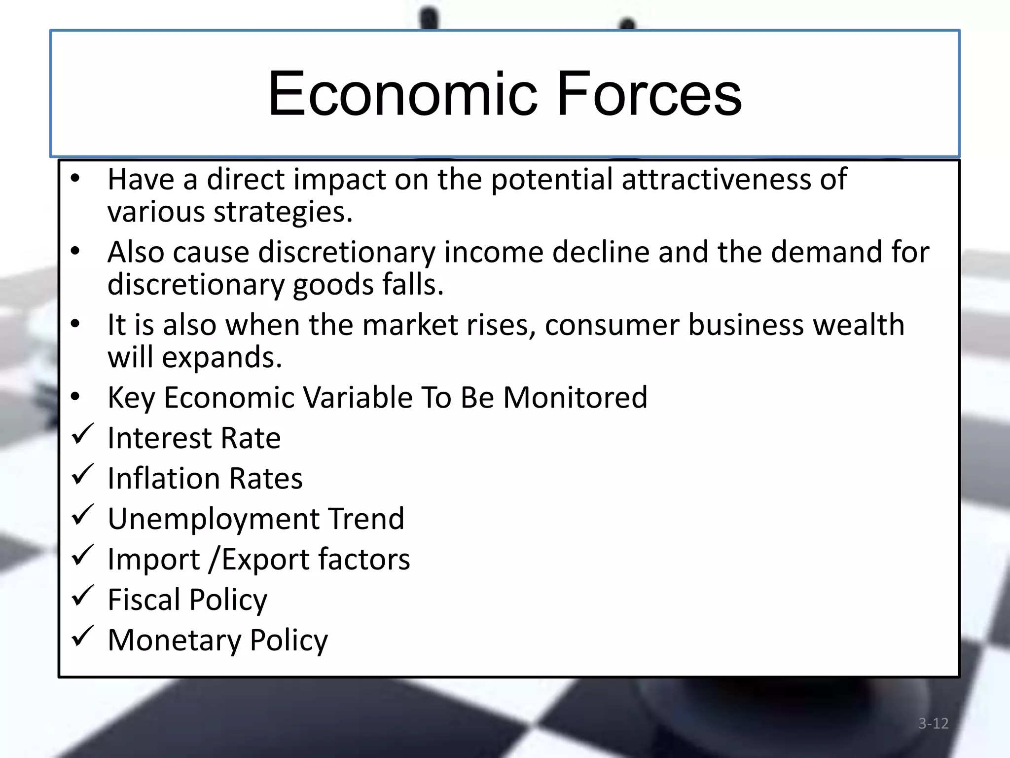Economic Forces
• Have a direct impact on the potential attractiveness of
various strategies.
• Also cause discretionary income decline and the demand for
discretionary goods falls.
• It is also when the market rises, consumer business wealth
will expands.
• Key Economic Variable To Be Monitored.:
 Interest Rate
 Inflation Rates
 Unemployment Trend
 Import /Export factors
 Fiscal Policy
 Monetary Policy
3-12

 