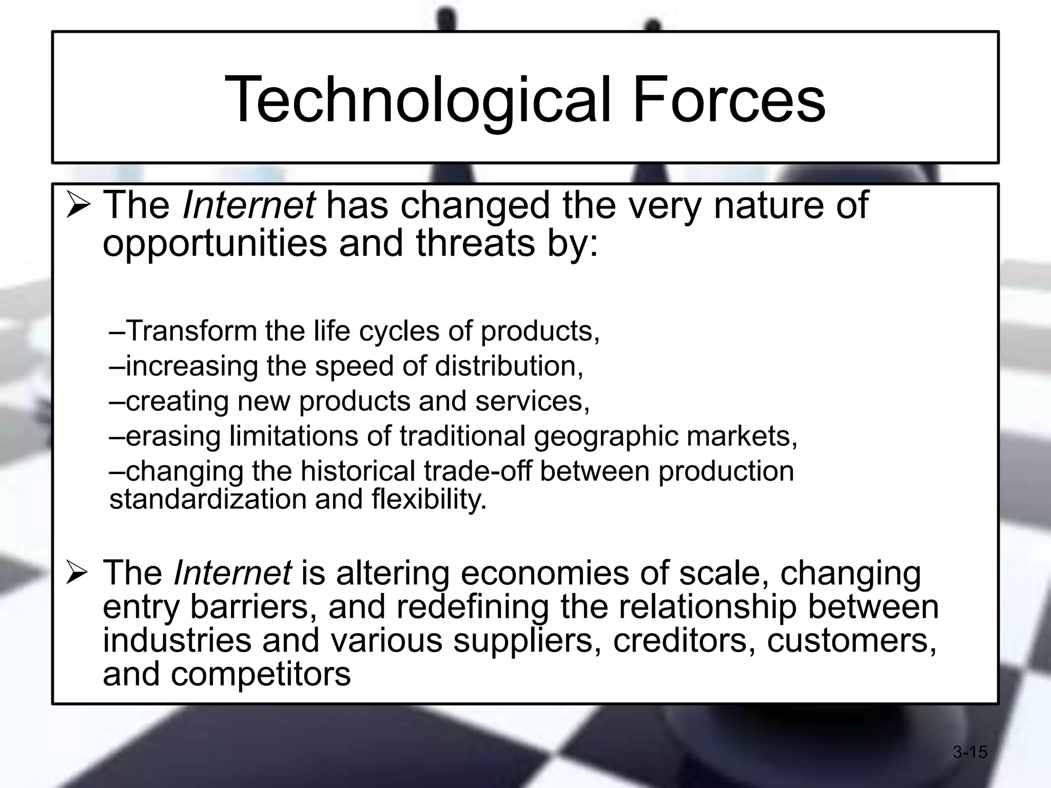 Technological Forces
 The Internet has changed the very nature of
opportunities and threats by:
–Transform the life cycles of products,
–increasing the speed of distribution,
–creating new products and services,
–erasing limitations of traditional geographic markets,
–changing the historical trade-off between production
standardization and flexibility.

 The Internet is altering economies of scale, changing
entry barriers, and redefining the relationship between
industries and various suppliers, creditors, customers,
and competitors
3-15

 