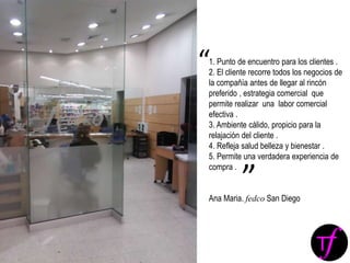 1. Punto de encuentro para los clientes .
2. El cliente recorre todos los negocios de
la compañía antes de llegar al rincón
preferido , estrategia comercial que
permite realizar una labor comercial
efectiva .
3. Ambiente cálido, propicio para la
relajación del cliente .
4. Refleja salud belleza y bienestar .
5. Permite una verdadera experiencia de
compra .
Ana Maria. fedco San Diego
“
”
 