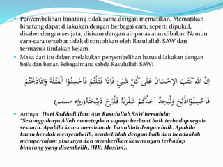  Penyembelihan binatang tidak sama dengan mematikan. Mematikan
binatang dapat dilakukan dengan berbagai cara, seperti dipukul,
disabet dengan senjata, disiram dengan air panas atau dibakar. Namun
cara-cara tersebut tidak dicontohkan oleh Rasulullah SAW dan
termasuk tindakan kejam.
 Maka dari itu dalam melakukan penyembelihan harus dilakukan dengan
baik dan benar. Sebagaimana sabda Rasulullah SAW:
َ‫ق‬ ‫ا‬َ‫ذ‬ِ‫ا‬َ‫ف‬ ٍ‫ئ‬ْ‫ي‬َ‫ش‬ ِ‫ل‬ُ‫ك‬‫ى‬َ‫ل‬َ‫ع‬ َ‫ن‬‫ا‬َ‫س‬ْ‫اإلح‬ َ‫ب‬َ‫ت‬َ‫ك‬‫هللا‬ َّ‫ن‬ِ‫ا‬َ‫و‬ َ‫ة‬َ‫ل‬ْ‫ت‬َ‫ق‬ْ‫ل‬َ‫ا‬ ‫ا‬ْ‫و‬ُ‫ن‬ِ‫س‬ْ‫ح‬َ‫ا‬َ‫ف‬ ْ‫م‬ُ‫ت‬ْ‫ل‬َ‫ت‬ْ‫م‬ُ‫ت‬َْ‫َب‬َ‫ذ‬‫ا‬َ‫ذ‬ِ‫ا‬
َ‫ت‬َ‫ر‬ْ‫ف‬َ‫ش‬ ْ‫م‬ُ‫ك‬ُ‫د‬َ‫ح‬َ‫ا‬ َّ‫د‬ِ‫ح‬ُ‫ي‬ْ‫ل‬َ‫و‬ َ‫ح‬ْ‫ب‬َّ‫ذ‬‫اا‬ْ‫و‬ُ‫ن‬ِ‫س‬ْ‫ح‬َ‫ا‬َ‫ف‬ُ‫ه‬َ‫ت‬َ‫ح‬ْ‫ي‬ِ‫ب‬َ‫ذ‬ ْ‫ح‬َِ‫َي‬ْ‫ل‬َ‫ف‬ ُ‫ه‬(‫مسلم‬ ‫اه‬‫و‬‫ر‬)
 Artinya : Dari Saddadi Ibnu Aus Rasulullah SAW bersabda;
“Sesungguhnya Allah menetapkan supaya berbuat baik terhadap segala
sesuatu. Apabila kamu membunuh, bunuhlah dengan baik. Apabila
kamu hendak menyembelih, sembelihlah dengan baik dan hendaklah
mempertajam pisaunya dan memberikan kesenangan terhadap
binatang yang disembelih. (HR. Muslim).
 